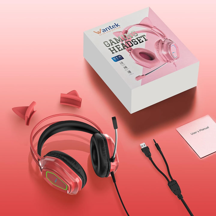 Wantak Katzenohr Kopfhörer mit Mikrofon – Kabel (3,5mm/USB) – Gaming Headset für PC/PS5/Xbox – Noise