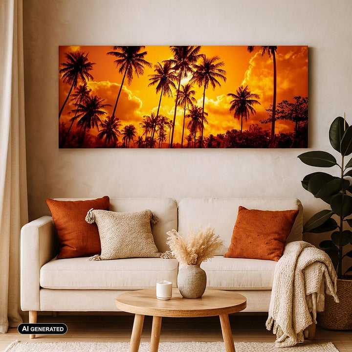 Wandbilder Dekoration Wohnzimmer Palmen Bäume Sonne Panorama Bilder auf Leinwand 120x50cm Leinwandbi