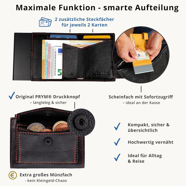 SecWal Kartenetui mit Münzfach Druckknopf inkl. Geschenkbox - Made in Germany - Echtleder Mini Geldb