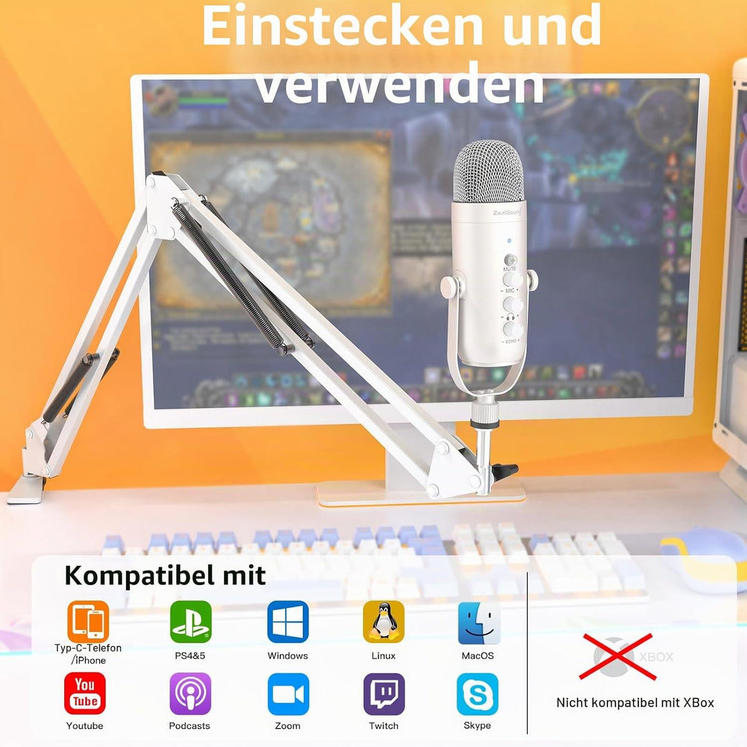 zealsound USB-Mikrofon-Set, k66 Perlweiss Gamging Mikrofon für PC/Mac/Handy/iPhone/PS5, mit Geräusch