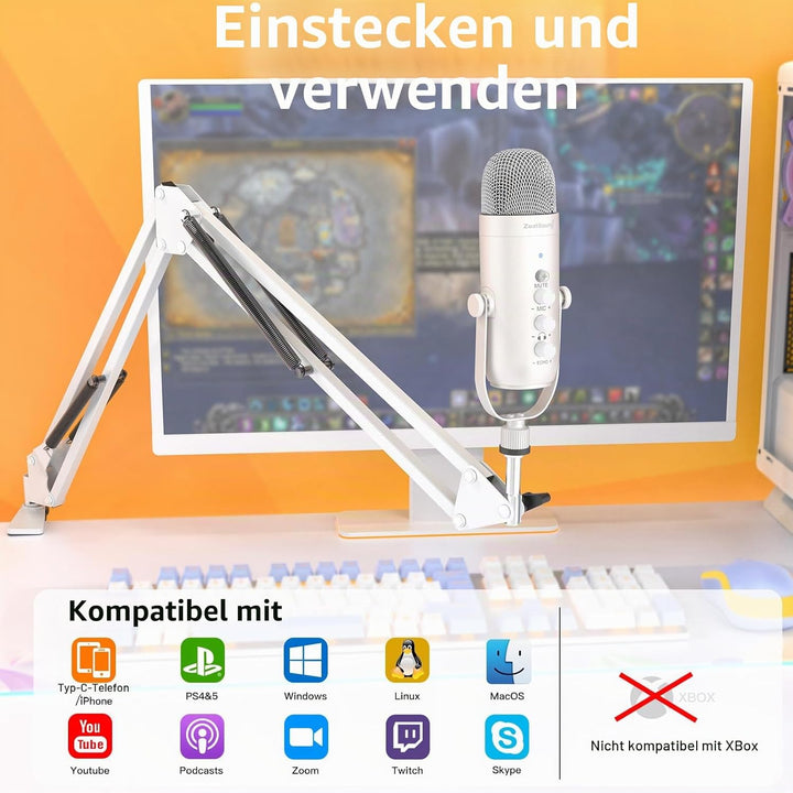zealsound USB-Mikrofon-Set, k66 Perlweiss Gamging Mikrofon für PC/Mac/Handy/iPhone/PS5, mit Geräusch
