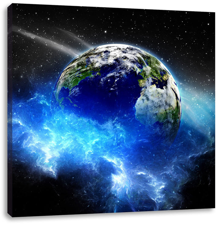 Pixxprint Erde im Kosmos Nebel als Leinwandbild/Grösse: 70x70 cm/Wandbild/Kunstdruck/fertig bespannt