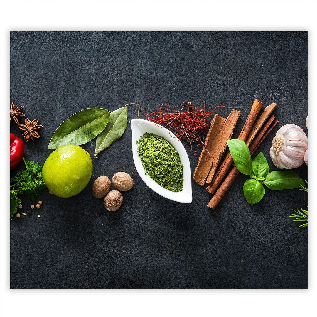 SmartDecoration Herdabdeckplatte Ceranfeldabdeckung aus Glas 60x52 cm Einteilig Motiv "Kräuter" Grau
