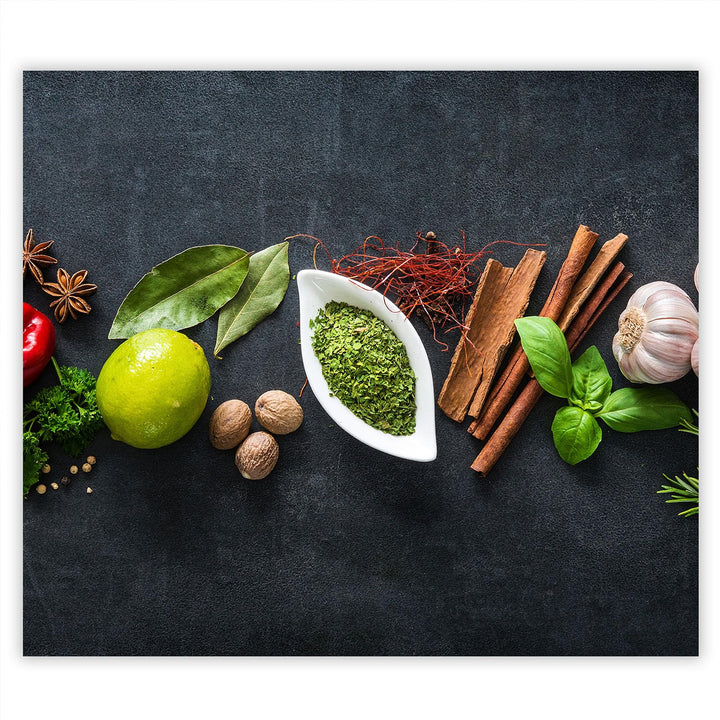 SmartDecoration Herdabdeckplatte Ceranfeldabdeckung aus Glas 60x52 cm Einteilig Motiv "Kräuter" Grau