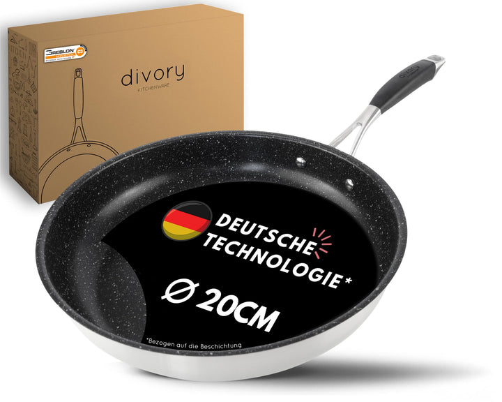 DIVORY Edelstahl Pfanne 20 cm Induktion I Antihaft beschichtete kleine Bratpfanne für alle Herdarten