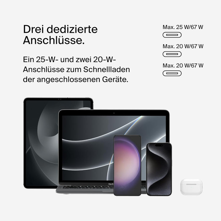 Belkin BoostCharge USB-C-Ladegerät mit DREI Anschlüssen und PPS (67 W), USB-C PD 3.1-iPhone-Schnelll