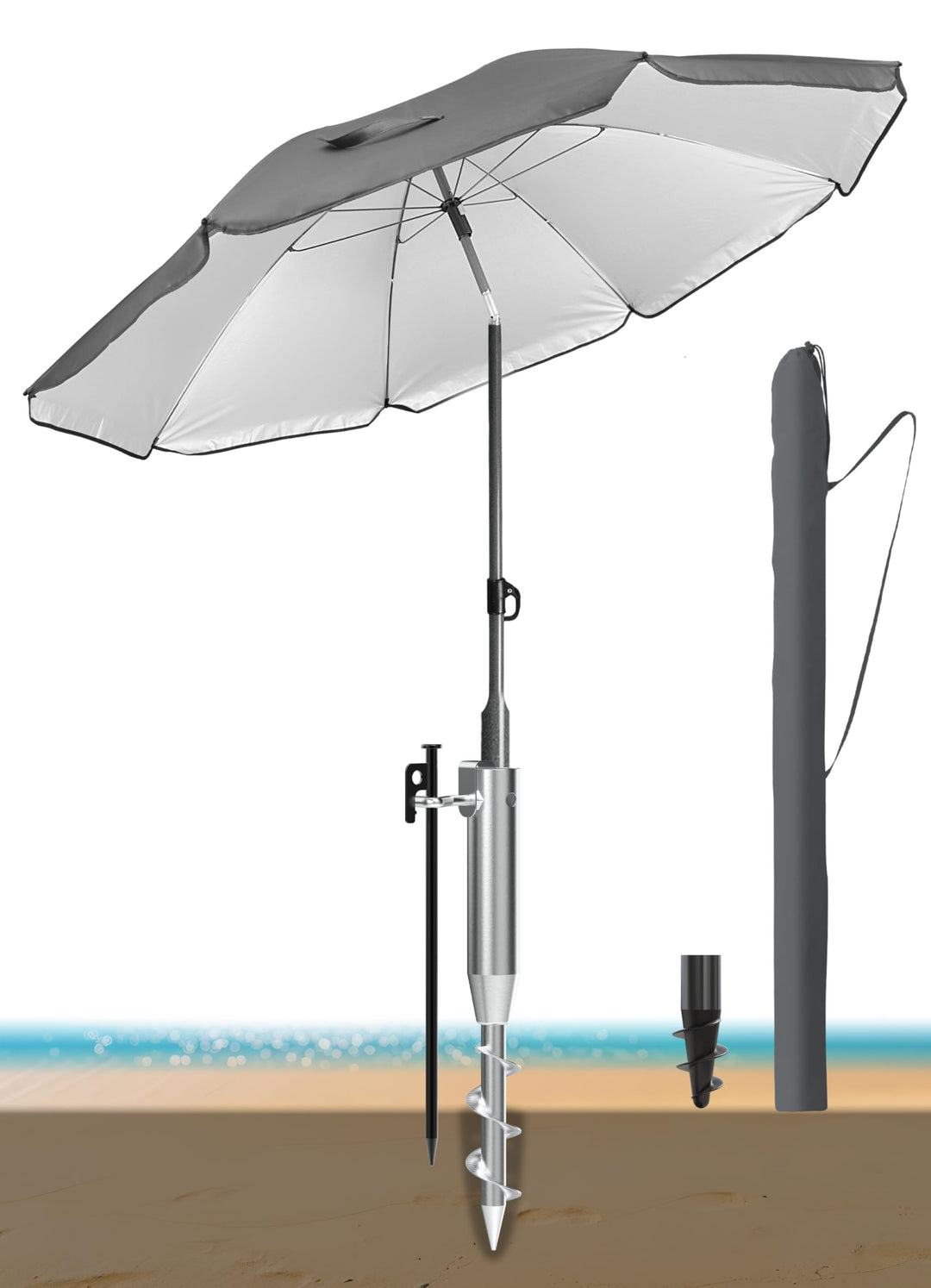 4smile Sonnenschirm Strand Ø 180 cm mit Eindrehbodenhülse, Anthrazit | Strandschirm windfest stabil