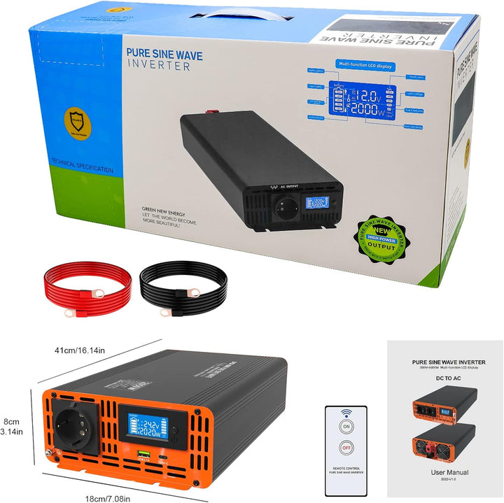 DATOUBOSS 2000W Reiner Sinus Wechselrichter 24V auf 230V (4000W Peak), Spannungswandler mit Funkfern