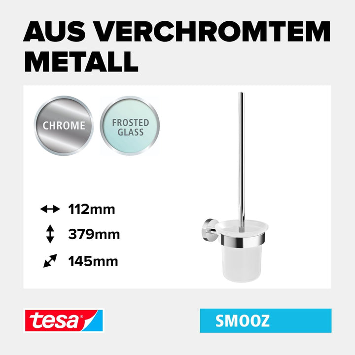 tesa SMOOZ WC-Garnitur, satiniertes Glas und verchromter Edelstahl - Toilettenbürsten-Set zur Wandbe