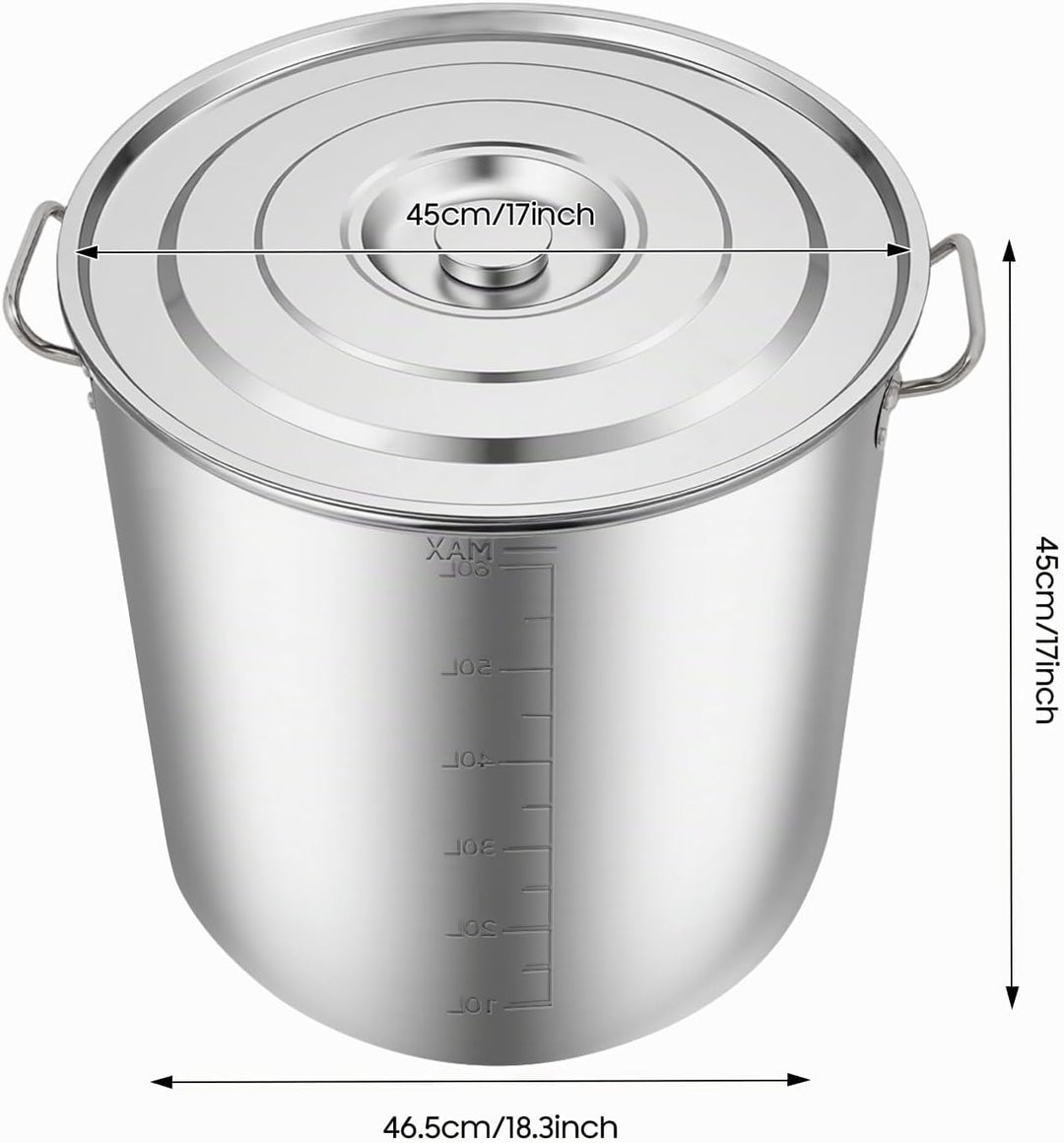 Edelstahl Suppentopf 70L Ø45cm, Grossvolumiger Kochtopf aus 201 Edelstahl mit Versenkdeckel &amp; Griffe