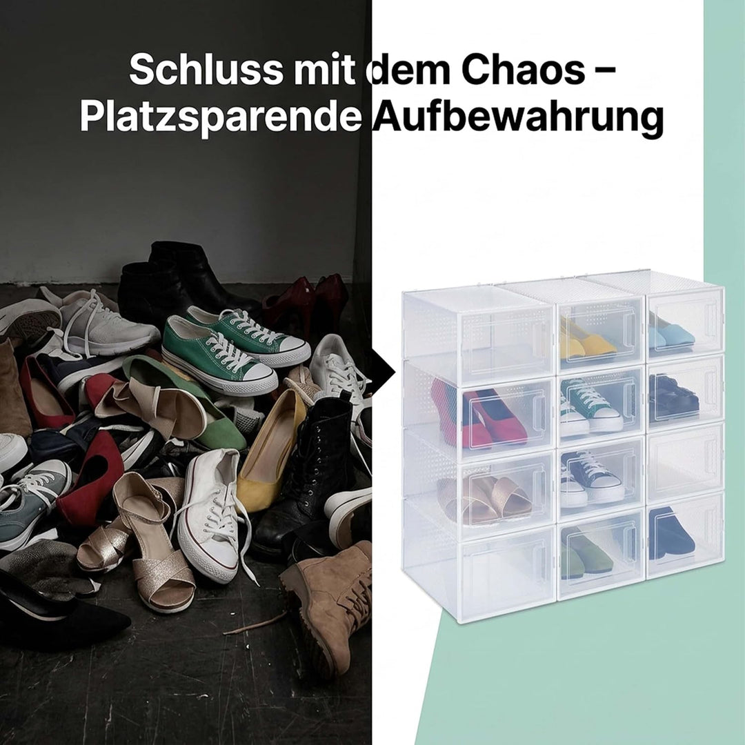 Relaxdays Schuhboxen 12er Pack, mit Tür, Schuhorganizer, stapelbar, Schuhe bis Grösse 45, Lüftungssc