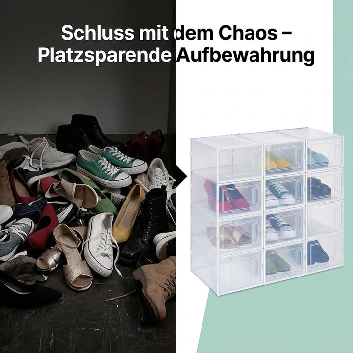 Relaxdays Schuhboxen 12er Pack, mit Tür, Schuhorganizer, stapelbar, Schuhe bis Grösse 45, Lüftungssc