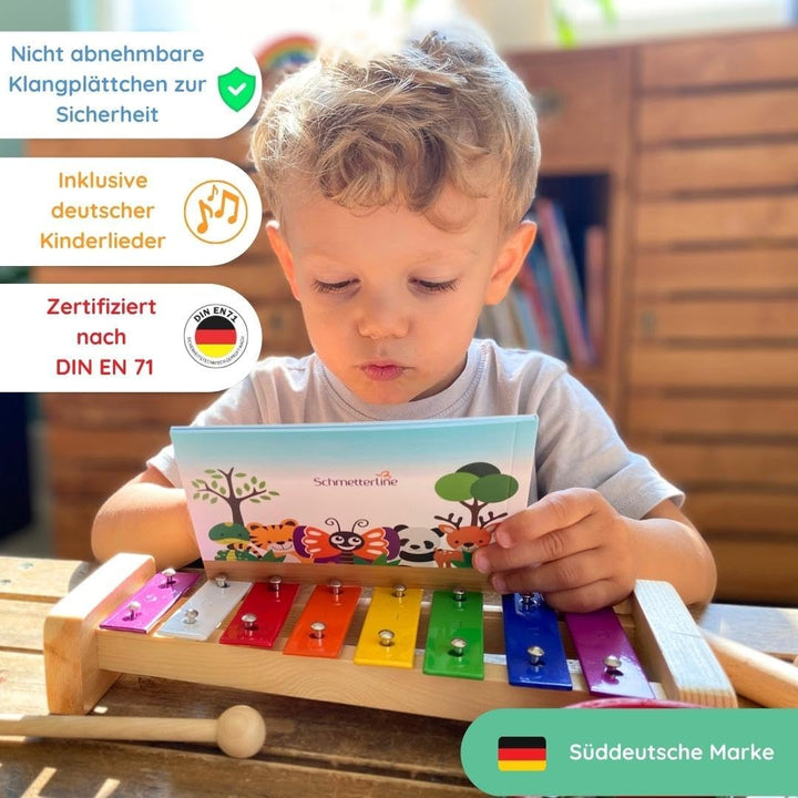 SCHMETTERLINE | Harmonisches Xylophon für Kinder aus Holz mit Notenheft | Glockenspiel und Liederbuc