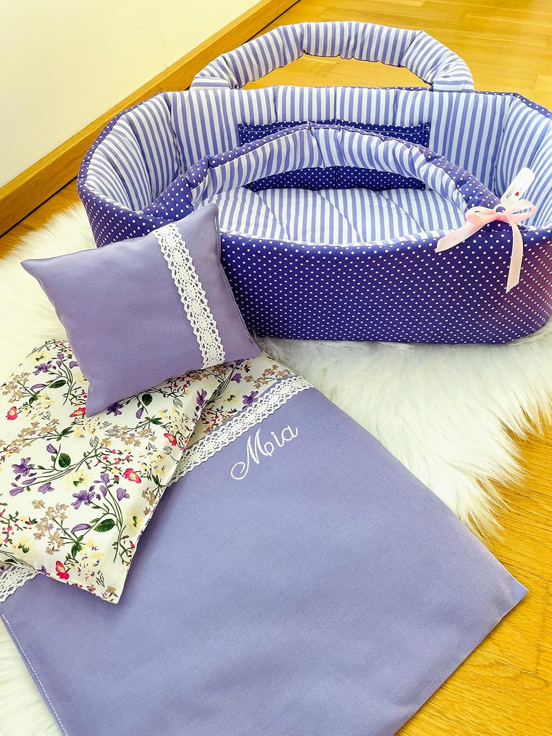 Puppentragetasche für Puppen 50-55 cm mit Bettwäsche, Lila, Personalisierung, Waschbar