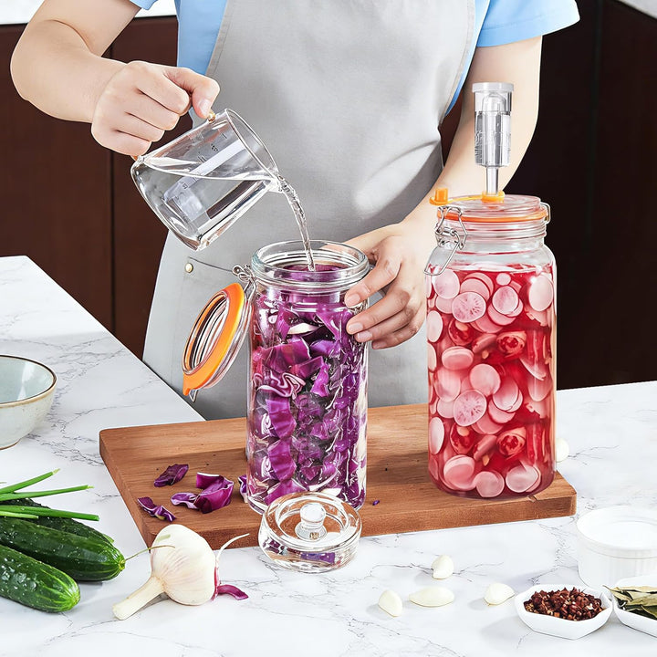 Fermentierglas 2 Stück 2L, Fermentationsglas mit Gärventi & Gewicht, Kimchi Behälter, Gärglas für Sa