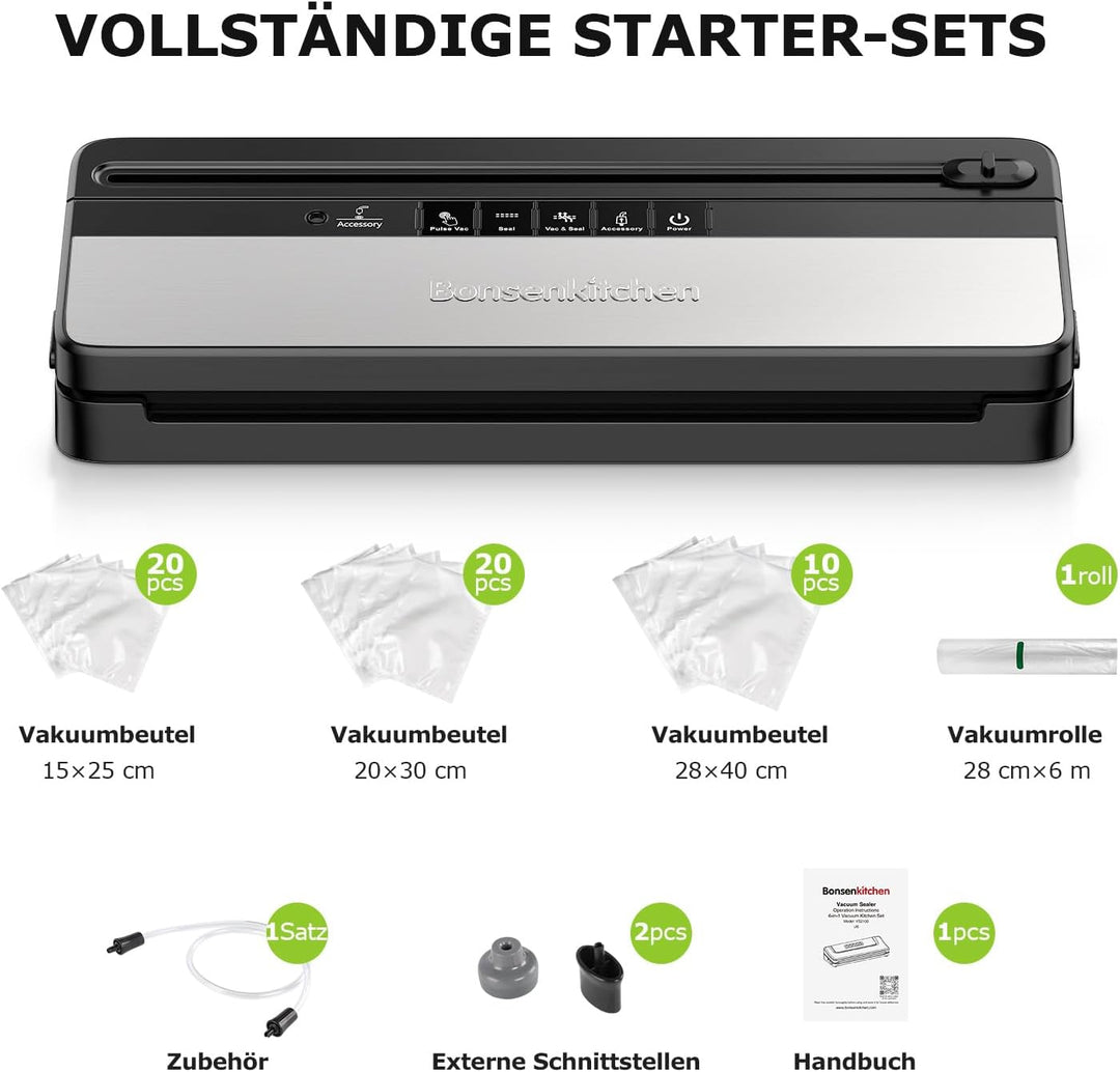 Vakuumiergerät, Multifunktions-Vakuumierer mit 50 Vakuumbeutel und 1 Vakuumrolle, Eingebautem Cutter