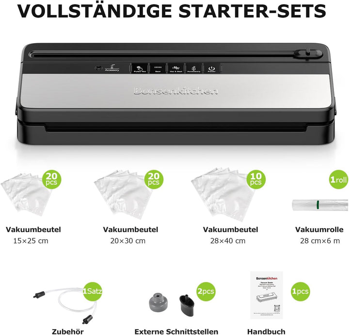 Vakuumiergerät, Multifunktions-Vakuumierer mit 50 Vakuumbeutel und 1 Vakuumrolle, Eingebautem Cutter