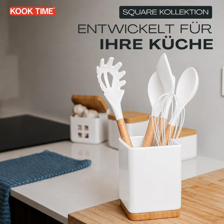 KOOK TIME Küchenutensilienhalter - Utensilienhalter küche aus keramik und Bambus - Quadratischer küc