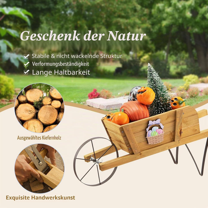 HOMASIS Blumenwagen Pflanzwagen mit 2 Griffen & Metallrad, Blumenkarre Holz, Blumentopf mit 9 magnet