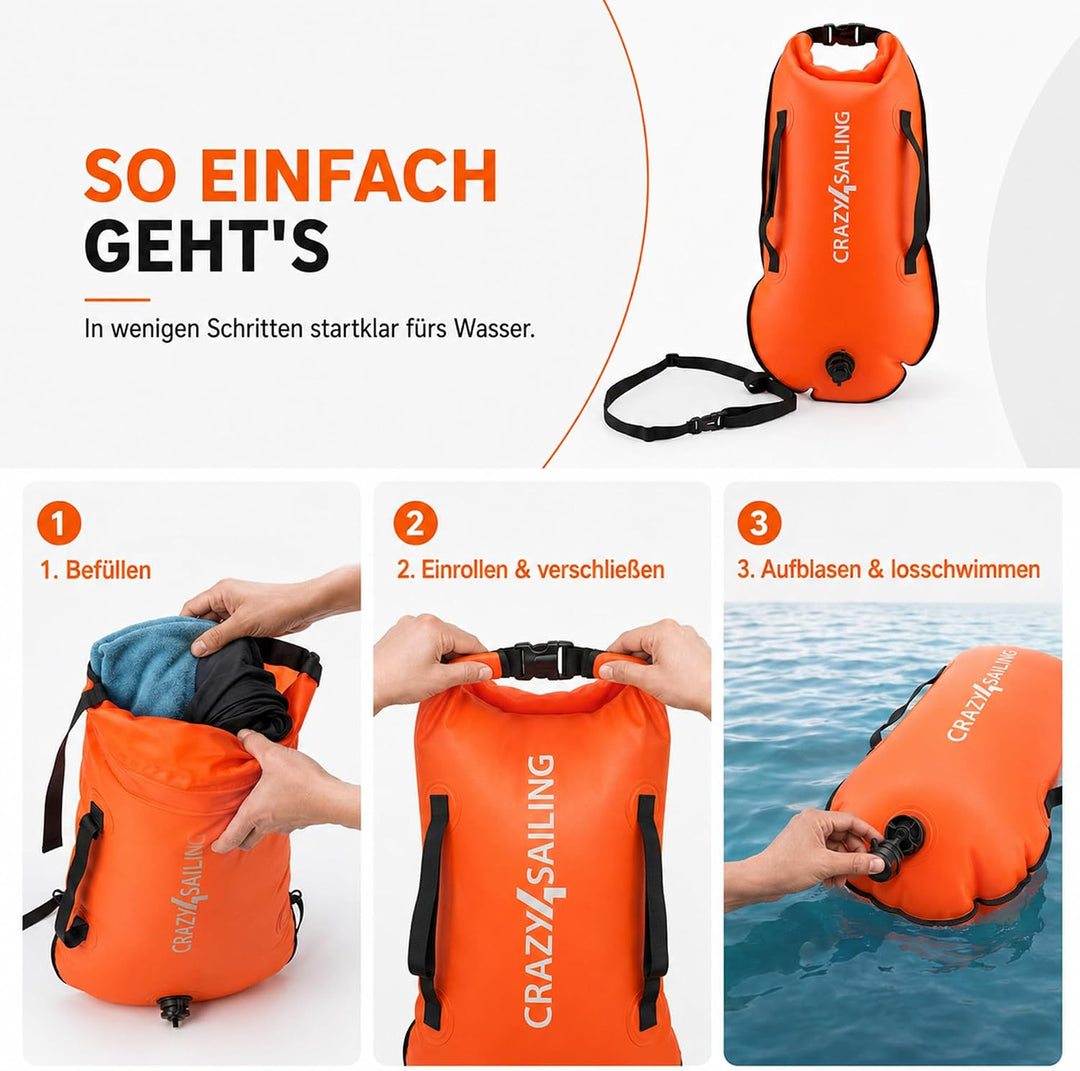crazy4sailing Schwimmboje Dry Bag, wasserdichter Trockensack & aufblasbare Schwimmhilfe, 36 x 72 cm,