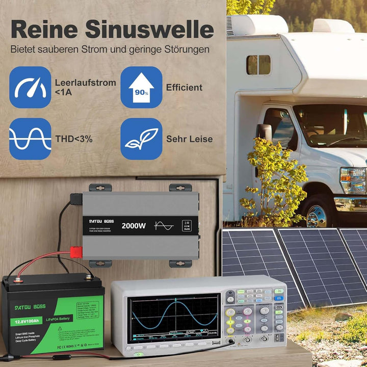 DATOUBOSS Wechselrichter 12v auf 230v Reiner Sinus 2000w, Spannungswandler 12v 230v 2000w mit AC Ste