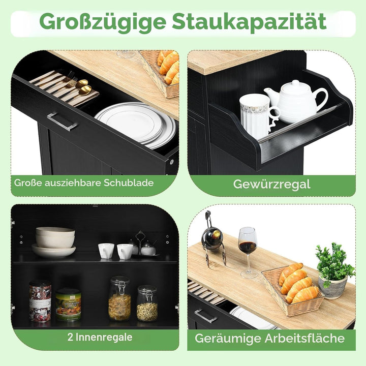 KOMFOTTEU Küchenwagen Servierwagen mit Arbeitsplatte, Küchenschrank Holz mit Rollen, Kücheninsel küc