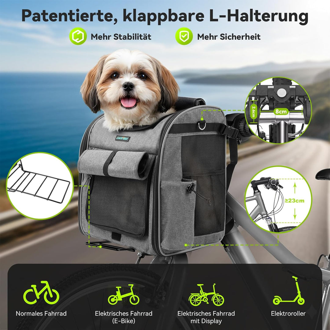 Hundekorb Fahrrad Vorne bis 10KG mit Robuste L-förmige Halterung Φ80mm, Faltbarer Atmungsaktiver Hun