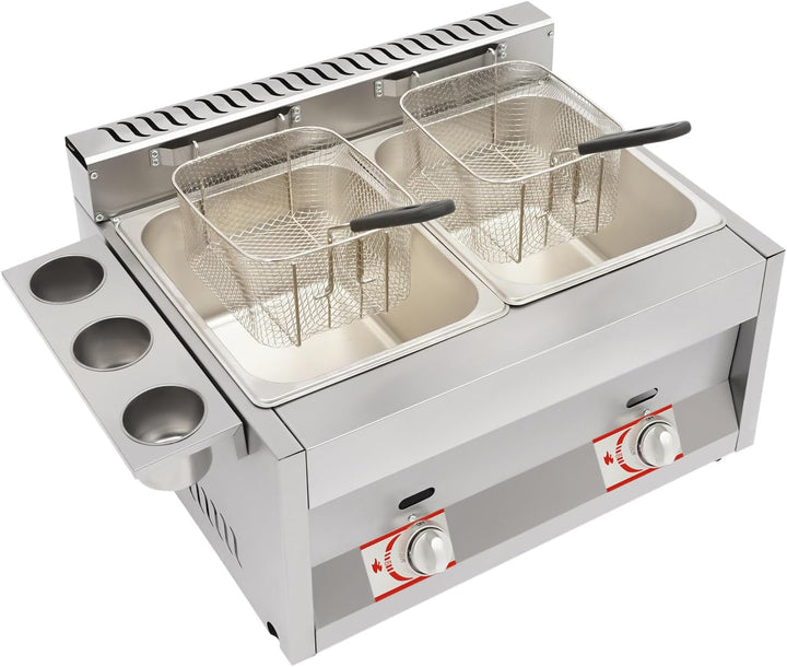 Gasfritteuse, 60.3x46x33.5cm Gewerbliche Doppeltank Edelstahl Profi Gastro Fritteuse mit Filterkörbe