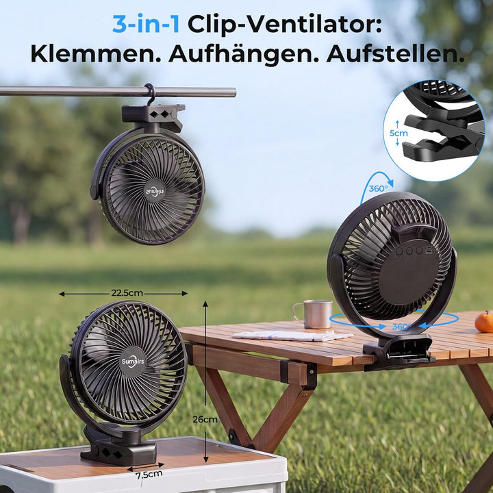Sumairs 20cm Camping Ventilator,10000mAh Akku-Ventilator mit Fernbedienung & LED-Licht,Powerbank,3 G