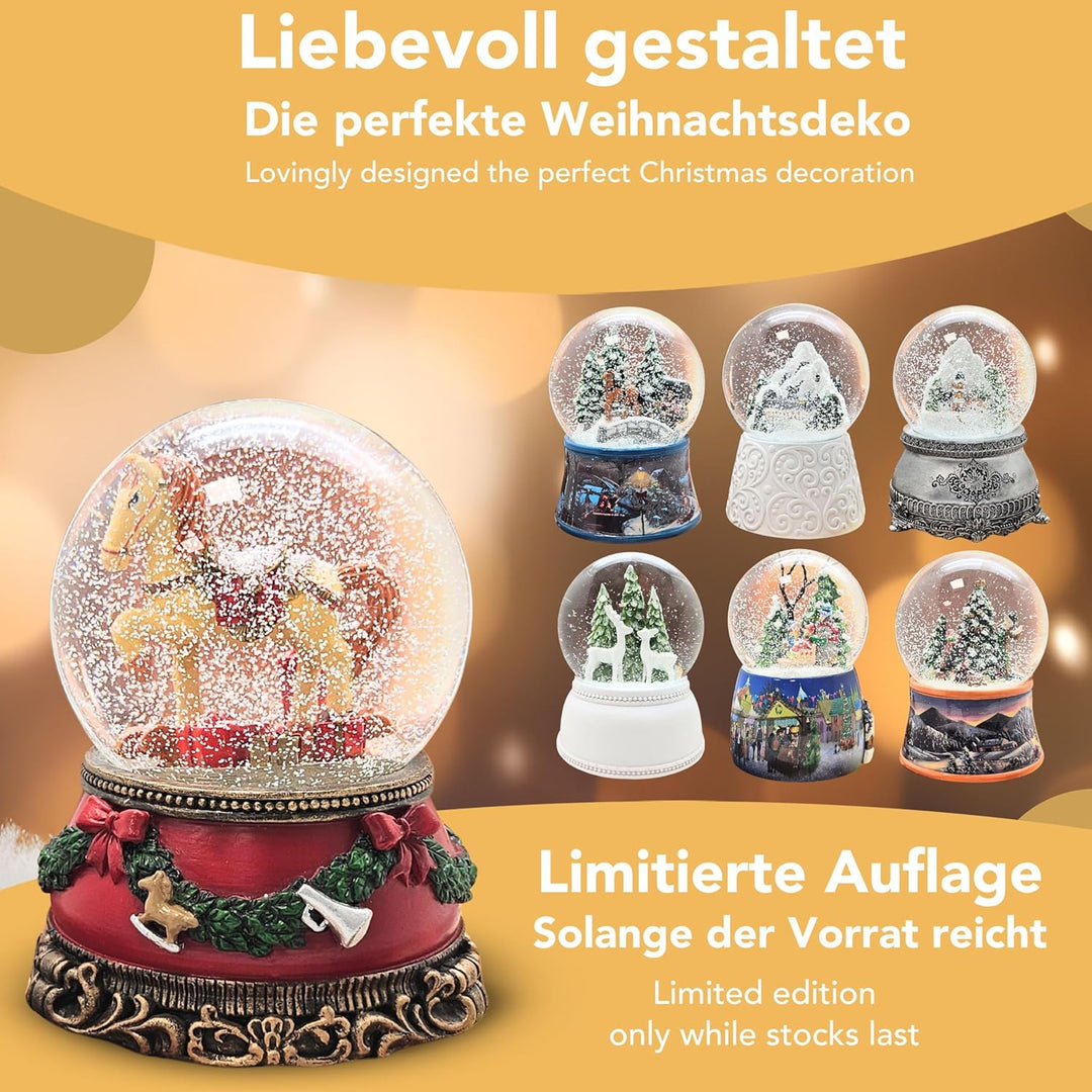 Weihnachts-Schneekugel mit Musik | Schneekugel Schaukelpferd mit Geschenkpaketen | Sockel Weihnachte