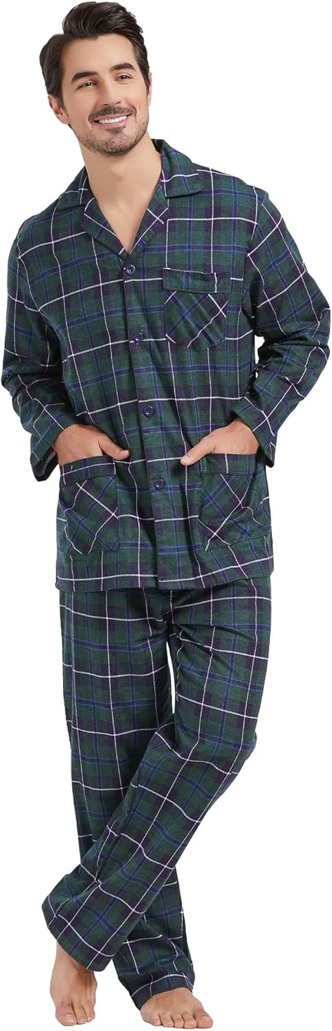 Amaxer Flanell Schlafanzug Herren 100% Baumwolle Pyjama mit Knopfleiste Set Lang Warmer Winter Schla