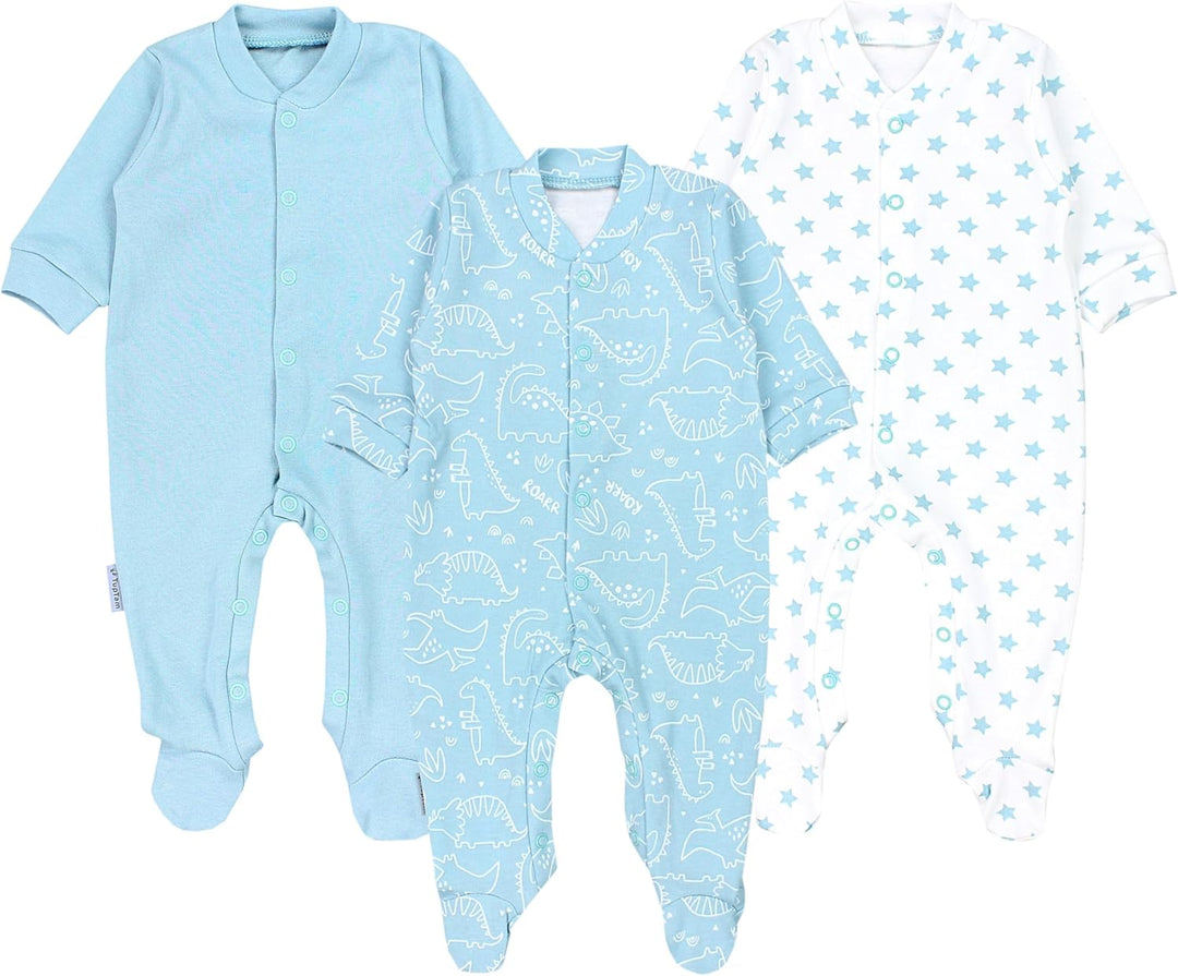 Baby Jungen Schlafstrampler Langarm Strampler Schlafanzug mit Fuss 3er Pack, 68 Dino Park Sterne Min