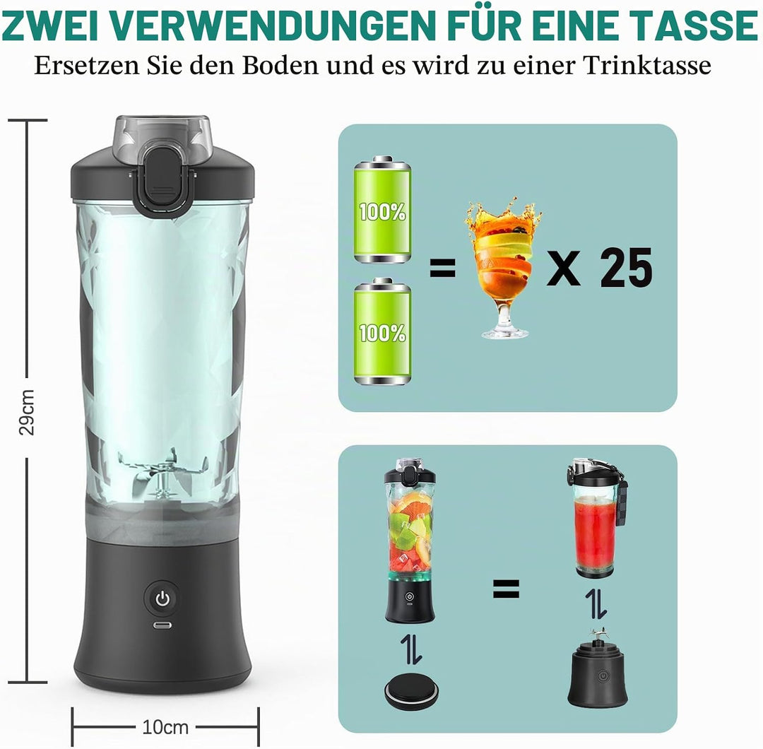 Tragbarer Mixer 600ml Smoothie Maker to Go, Tragbarer Entsafter mit 6 Klinge und USB Wiederaufladbar