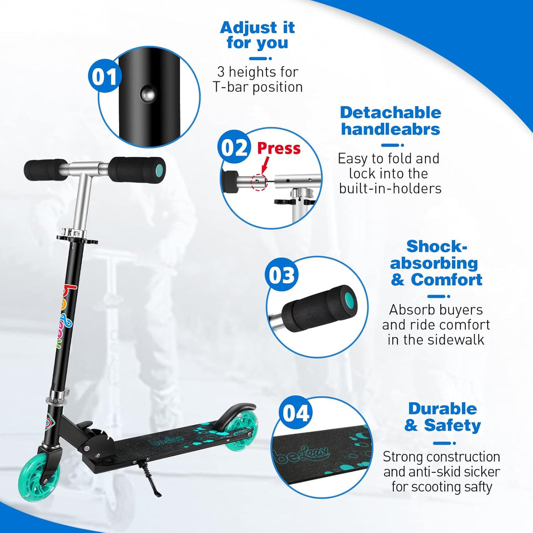 BELEEV Roller Kinder 2 Räder, Klappbar Kinderroller für Mädchen Jungen, Tretroller mit LED Leuchtend