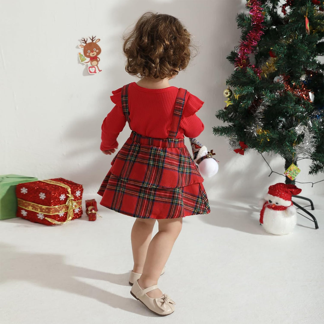 Neugeborenes Baby Mädchen Röcke Sets Rüschen Top + Plaid/Dots/Bowknot Overalls Hosenträger Kleid + S