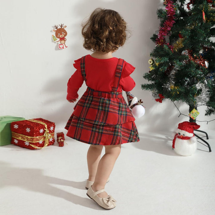 Neugeborenes Baby Mädchen Röcke Sets Rüschen Top + Plaid/Dots/Bowknot Overalls Hosenträger Kleid + S