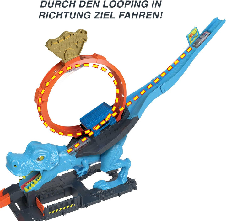 Hot Wheels Autorennbahn T-Rex Angriff, Geschicklichkeitsspiel durch genaues Timing und Zielen, mit L
