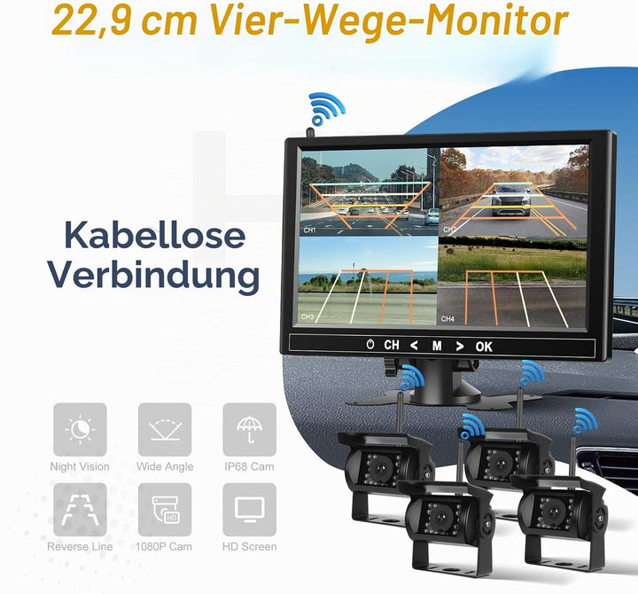 Rückfahrkamera Kabellos Set mit 4 Kameras, 9"-HD-Monitor &amp; 170° Weitwinkel- Rückfahrkamera, IP68 was