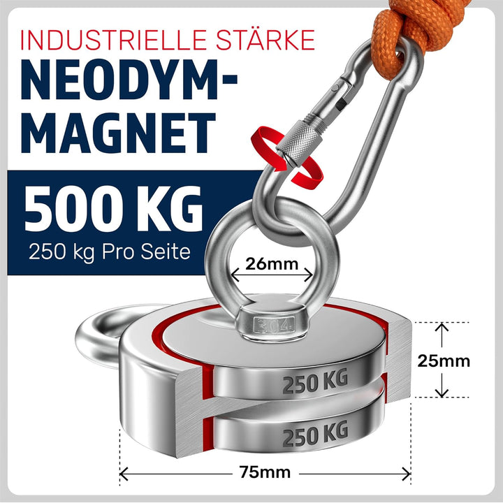Magnetfischen Set - 500 KG (2 x 250kg) - Ø75mm - Neodym Magnet mit Seil (20M) & Handschuhe - Magnet