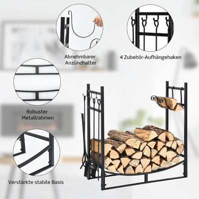 COSTWAY Kaminholzregal mit 4 tlg. Kaminbesteck Set, Brennholzregal Metall Kaminholzständer Kaminzube