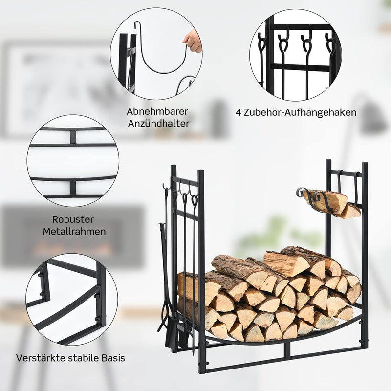 COSTWAY Kaminholzregal mit 4 tlg. Kaminbesteck Set, Brennholzregal Metall Kaminholzständer Kaminzube