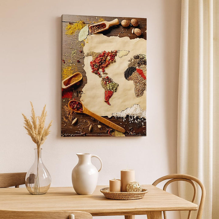 Bilder auf Leinwand 55x100cm Leinwandbild mit Rahmen Welt Karte Gewürze Farben Gross Wanddeko Bild S
