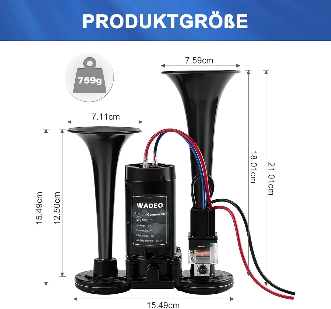 WADEO LKW Hupe 12V 118db, Super Laut Autohupe mit Kompressor, Lufthorn Drucklufthorn Kit für alle 12