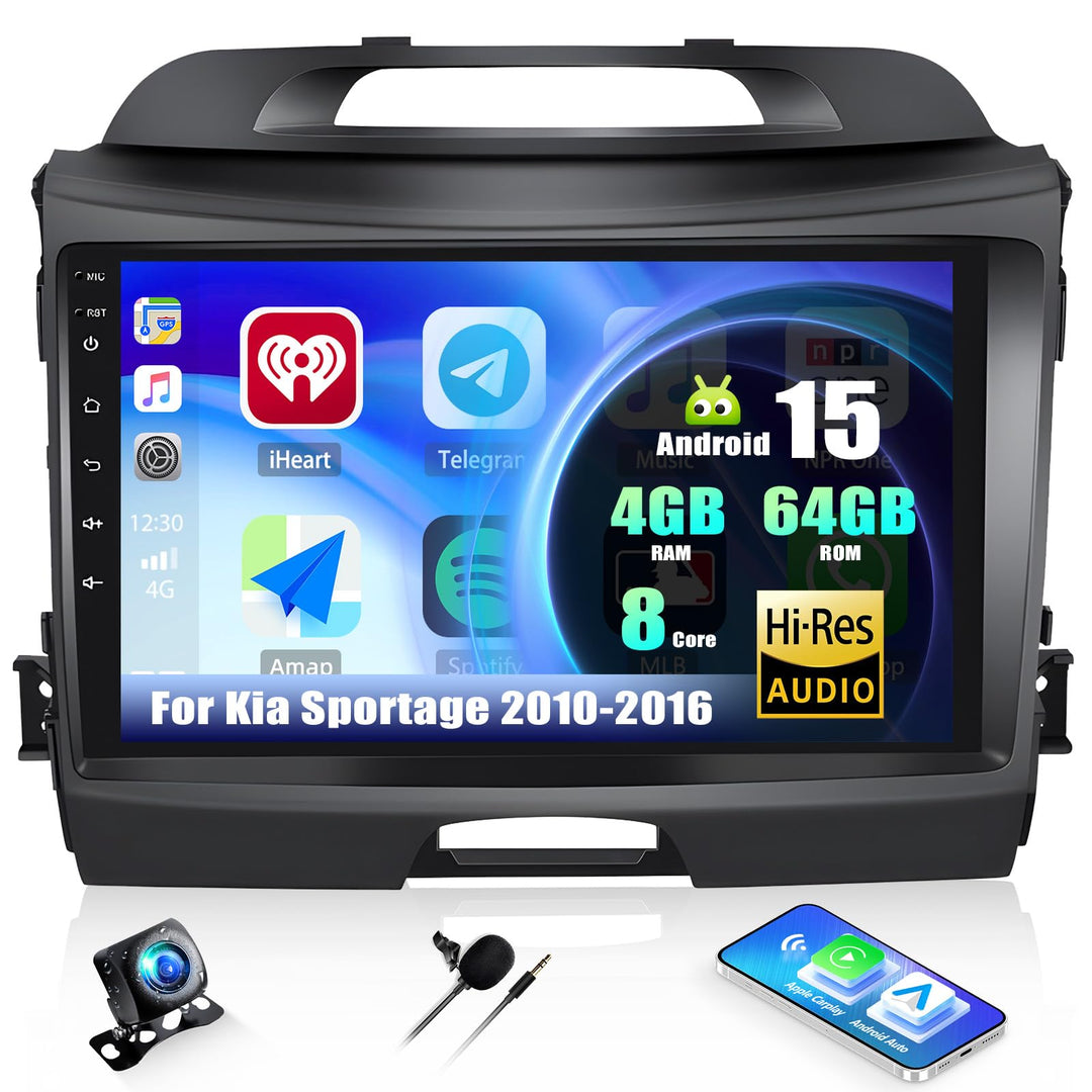CAMECHO Android 15 Qualcomm 8-Kern 4+64G Autoradio für Kia sportage 2010-2016 mit Rückfahrkamera, 9