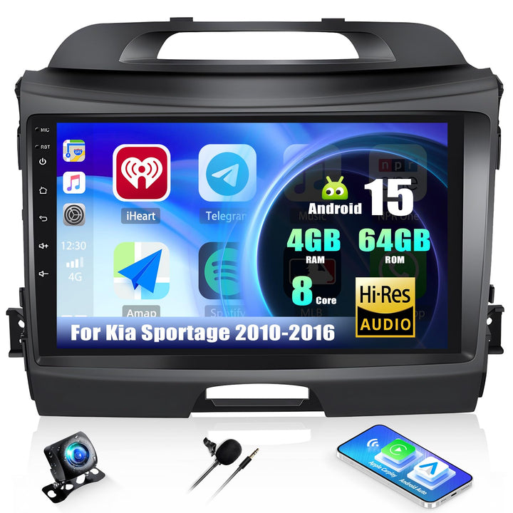 CAMECHO Android 15 Qualcomm 8-Kern 4+64G Autoradio für Kia sportage 2010-2016 mit Rückfahrkamera, 9