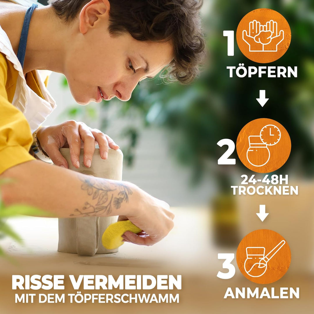 KreaBella Töpferset - DIY töpfern für Zuhause, Lufttrocknender Ton zum basteln, selbsttrocknender To