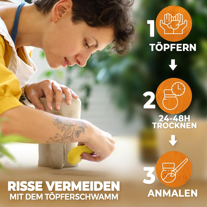 KreaBella Töpferset - DIY töpfern für Zuhause, Lufttrocknender Ton zum basteln, selbsttrocknender To
