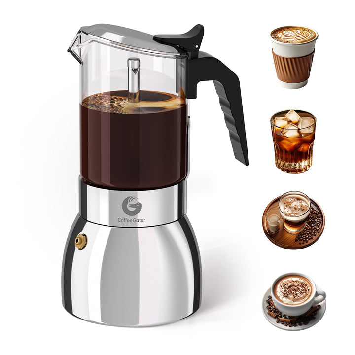 Coffee Gator Espressokocher Herdplatten, Espresso Mokkakanne aus Klarglas & Edelstahl - Kaffee Nach