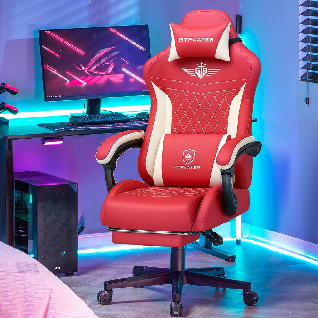 GTPLAYER Gaming Stuhl, Ergonomischer Gamer Stuhl aus PU-Leder mit Lendenwirbelstütze, PC-Stuhl mit v