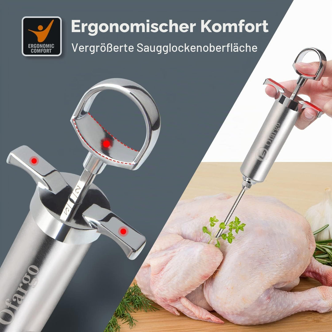 Ofargo Edelstahl Fleischspritze mit 3 Marinadeneinspritznadeln für Holzkohlegrills, 59 ml Fassungsve